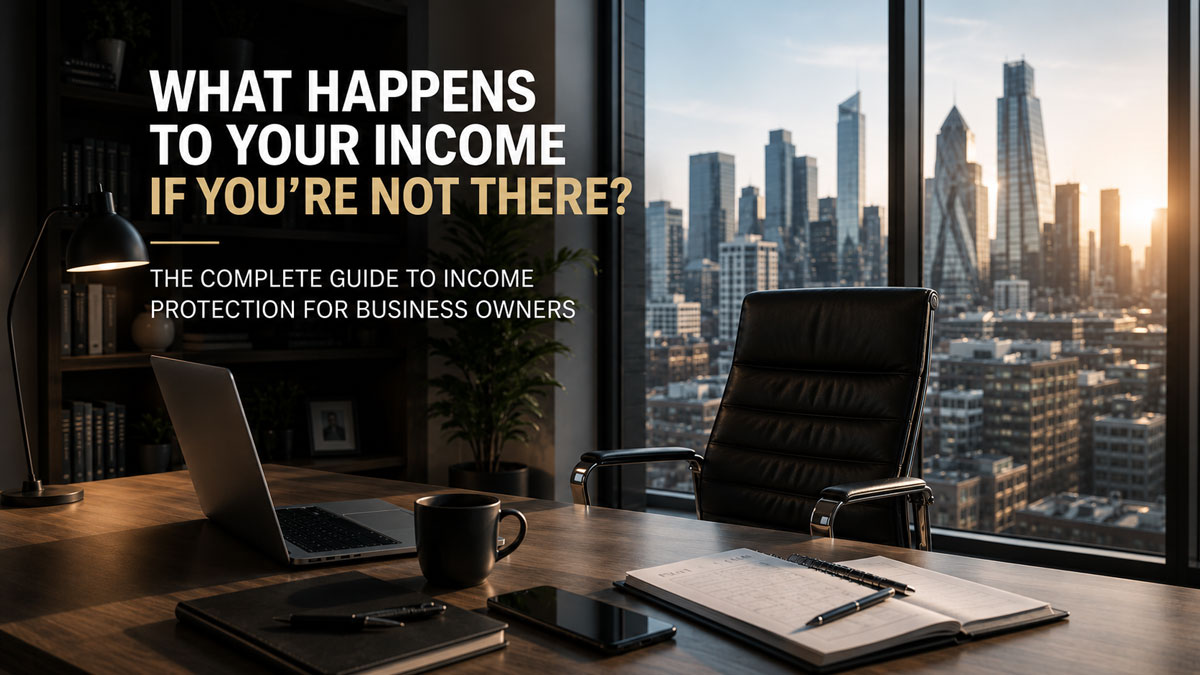 Professional office workspace overlooking a modern city skyline at sunset. A wooden desk with a laptop, notebook, coffee mug, and smartphone sits in the foreground, with an empty executive chair facing large floor-to-ceiling windows.