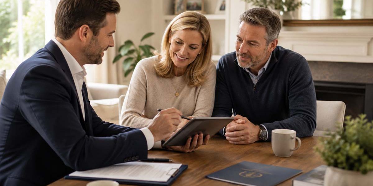 Couple discussing their estate plan with a professional adviser at home.