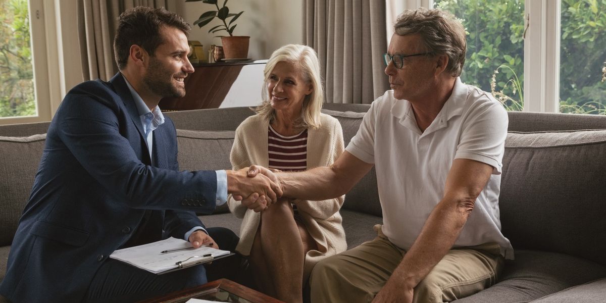 A professionally dressed real estate or financial advisor shakes hands with an older male client while seated in a cozy living room.
