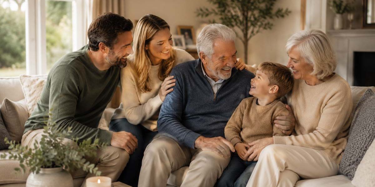 Multi-generational family spending time together in a living room.