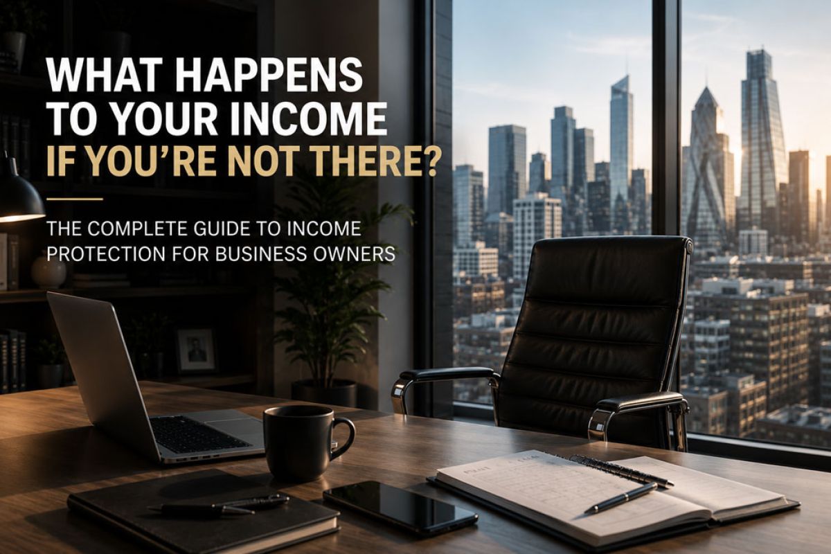 Professional office workspace overlooking a modern city skyline at sunset. A wooden desk with a laptop, notebook, coffee mug, and smartphone sits in the foreground, with an empty executive chair facing large floor-to-ceiling windows.