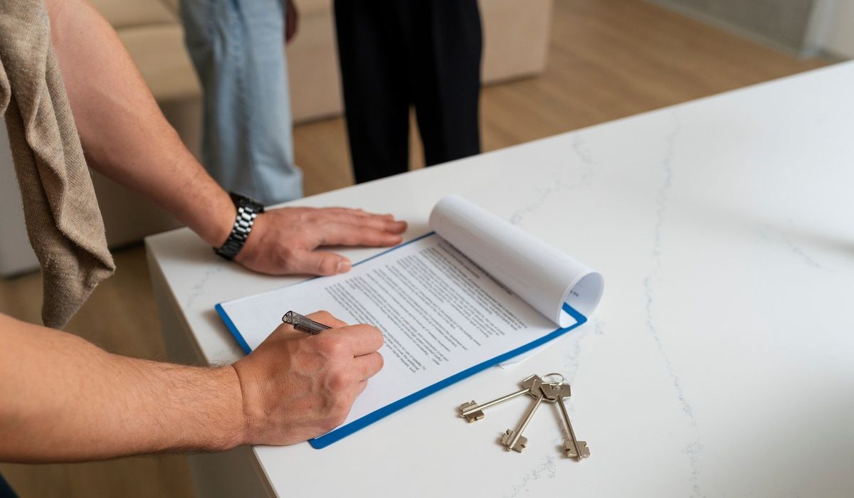 Close-up of a person signing a housing or legal document on a kitchen counter with a set of house keys placed beside the paperwork.