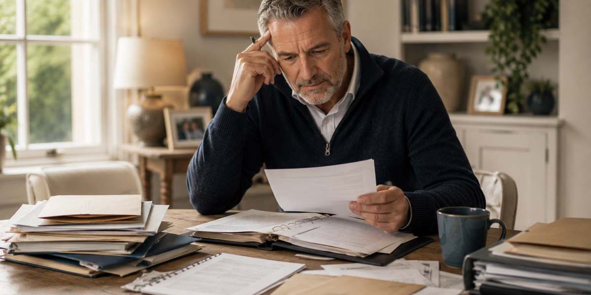 Man reviewing estate planning documents at a table at home.